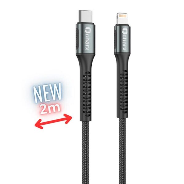 Cable qcharx prague usb tipo c a lightning - 2m - aleacion de aluminio negro cordon de tela suave