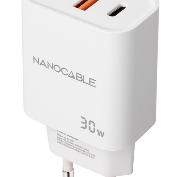 Cargador nanocable usb - c - pd + usb - a - qc 30w blanco